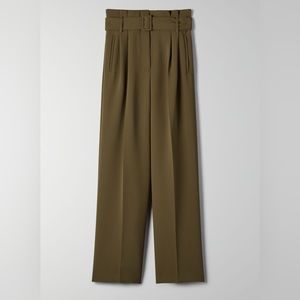 Aritizia Wilfred Delacour High Waisted Olive Pants with Pleats and a Belt
